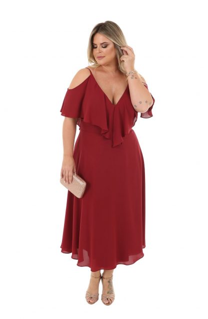 Vestido de Festa Midi Plus Size Marsala