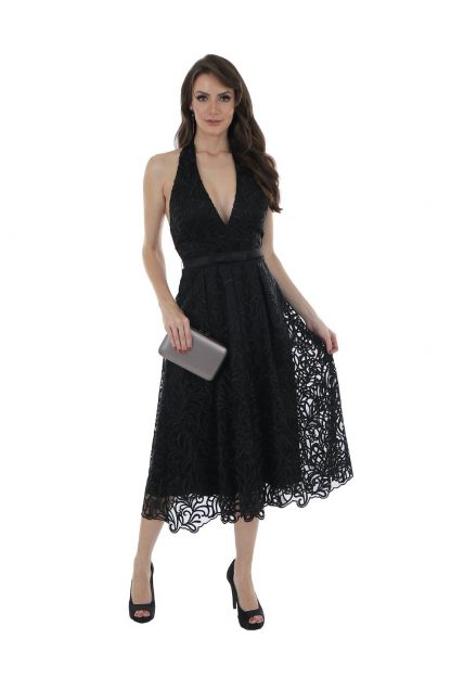 Vestido de Festa Midi Preto Frente Ùnica