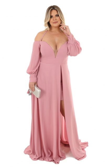 Vestido de Festa Plus Size Rosa com Manga