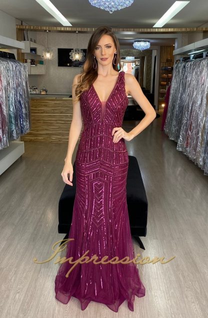 Vestido de Festa Longo Uva Bordado em Pedrarias - Imagem 2