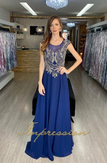 Vestido de Festa Longo Azul Marinho Bordado em Prata - Image 2