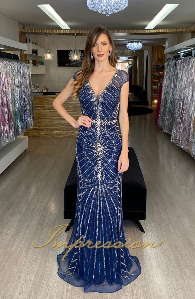 Vestido de Festa Longo Azul Marinho Bordado em Pedraria - Impression Modas