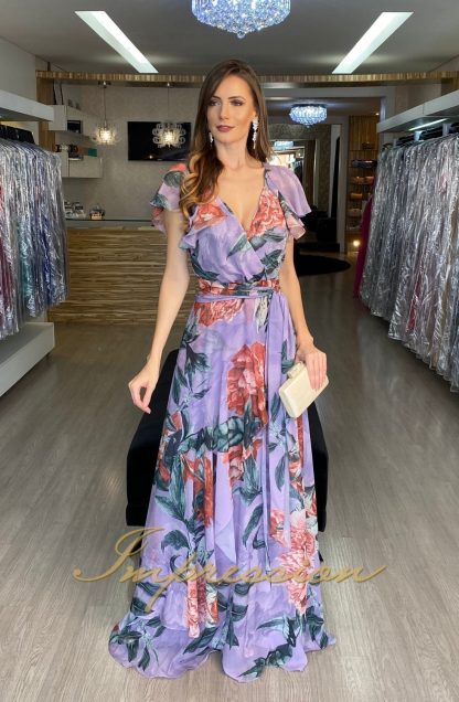Vestido de Festa Longo Estampado Lilas