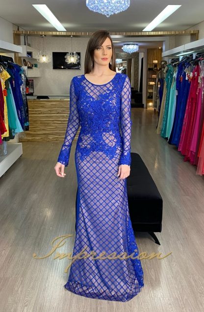 Vestido de Festa Longo Azul Manga
