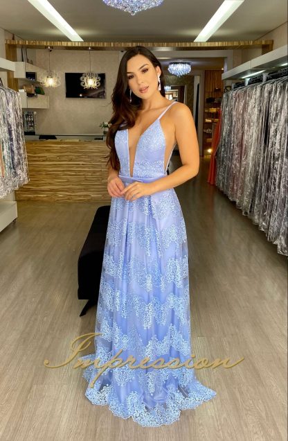 Vestido de Festa Longo Azul Serenity Tule Rendado - Image 2