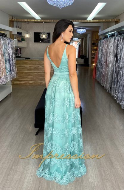 Vestido de Festa Longo Verde Menta Tule Rendado - Image 3