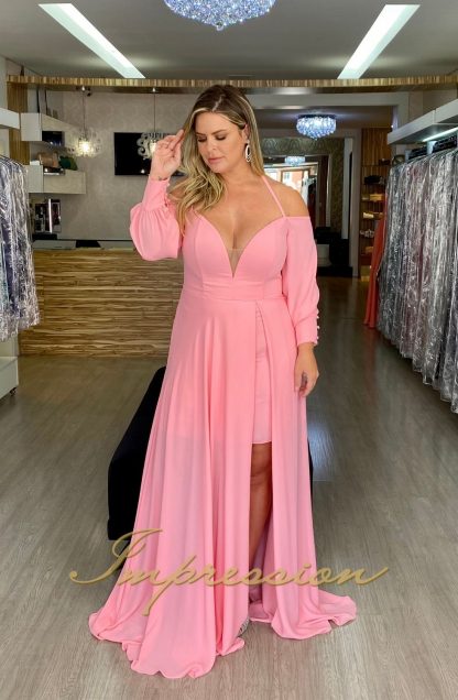 Vestido de Festa Plus Size Rosa Neon com Manga - Image 2