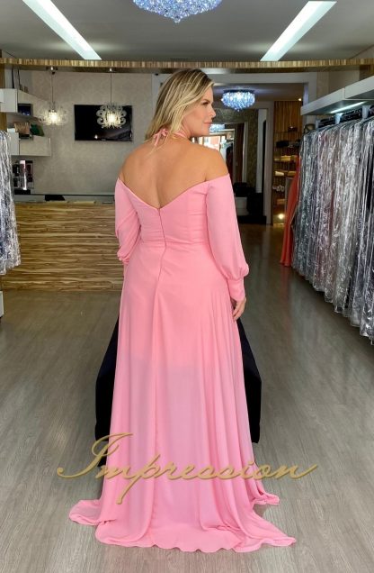 Vestido de Festa Plus Size Rosa Neon com Manga - Image 3
