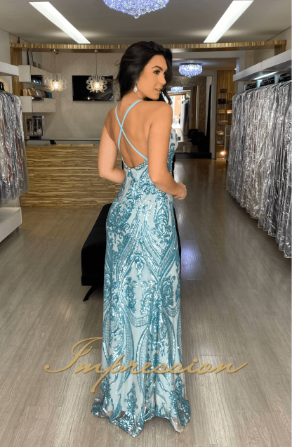 Vestido de Festa Longo Azul em Paetês - Image 3
