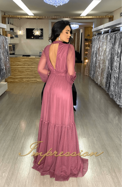 Vestido de Festa Longo com Manga Rosa Canela - Imagem 3