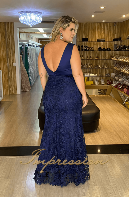 Vestido de Festa Longo Plus Size Azul Marinho - Image 3