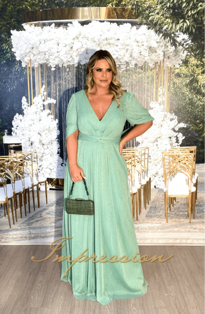 Vestido de Festa Longo Plus Size Verde Menta com Fios Dourado - Image 2