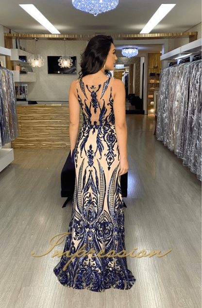 Vestido de Festa Longo Azul Marinho em Paetês - Image 2