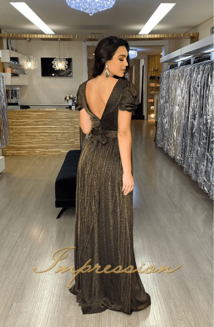 Vestido de Festa Longo Lurex Preto com Dourado - Imagem 3