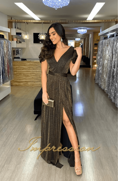 Vestido de Festa Longo Lurex Preto com Dourado - Imagem 2