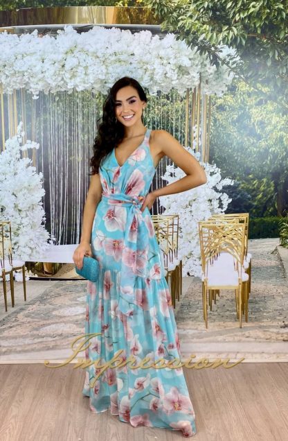 Vestido de Festa Longo Azul Floral - Imagem 2
