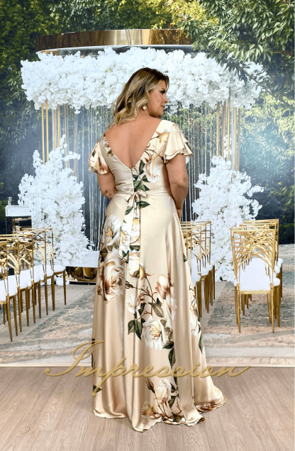 Vestido de Festa Longo Plus Size em Cetim Estampado Floral - Image 2