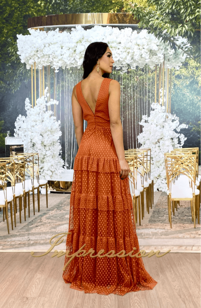Vestido de Festa Longo em Tulê Terracota - Image 3