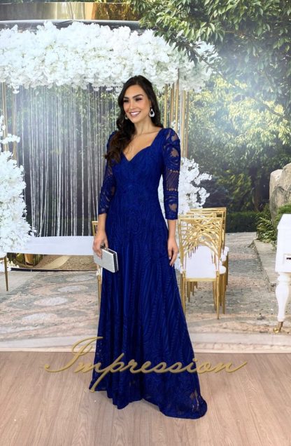 Vestido de Festa Longo Azul Marinho em Renda - Image 2