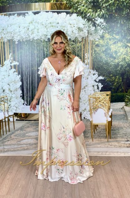 Vestido de Festa Longo Plus Size em Cetim Estampado Floral - Image 2