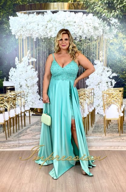 Vestido de Festa Longo Plus Size Verde Tifany com Fenda - Image 2