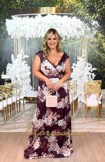 Vestido de Festa Longo Plus Size Marsala Estampado