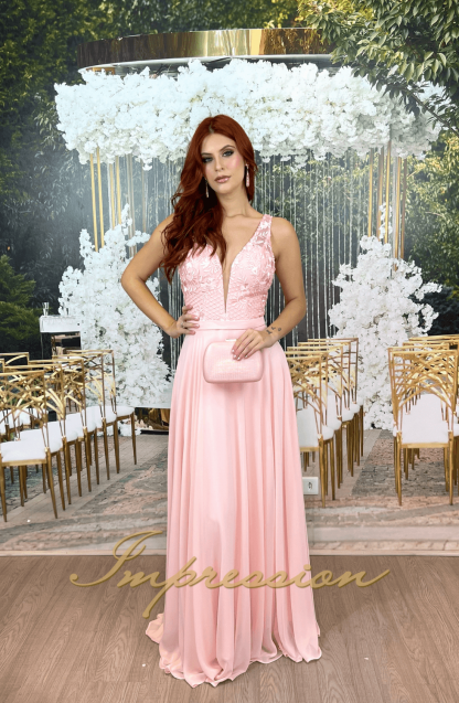 Vestido de Festa Longo Rose com Decote Profundo