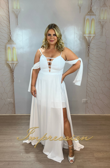 Vestido de Festa Longo Plus Size Branco com Decote - Image 2