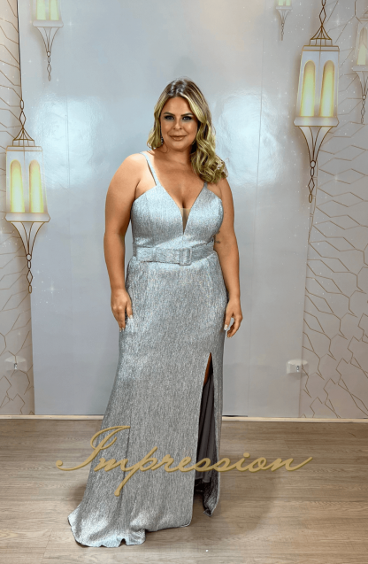 Vestido de Festa Longo Plus Size Prata Lurex