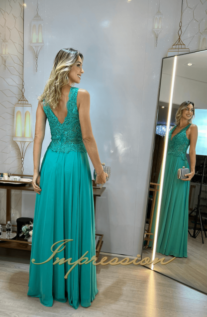 Vestido de Festa Longo Verde Tifany Bordado - Image 3