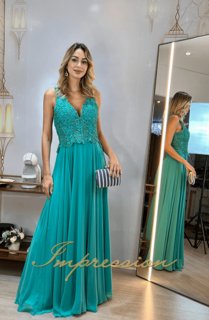 Vestido de Festa Longo Verde Tifany Bordado