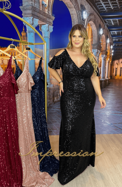Vestido de Festa Longo Plus Size Preto Brilho