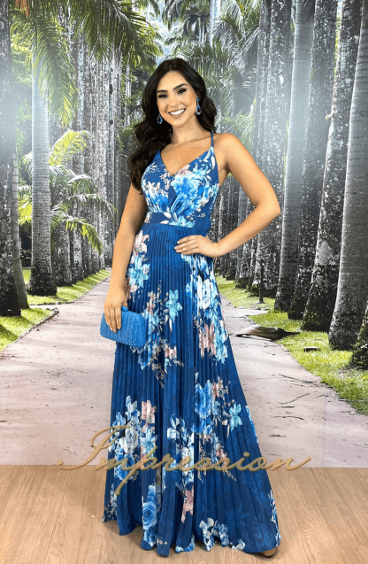 Vestido de Festa Longo Estampado Azul - Image 3