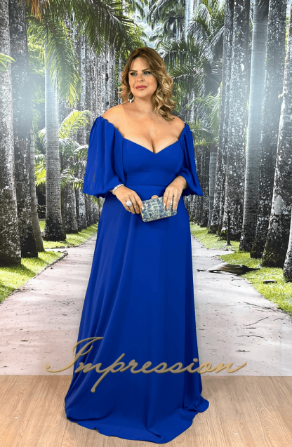 Vestido de Festa Longo Plus Size Azul Royal com Manga - Image 3