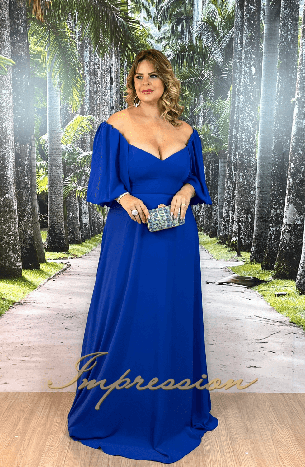 Vestido de Festa Longo Plus Size Azul Royal com Manga - Impression Modas