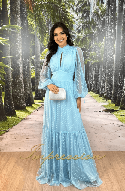 Vestido de Festa Longo com Manga Azul Serenity - Imagem 3