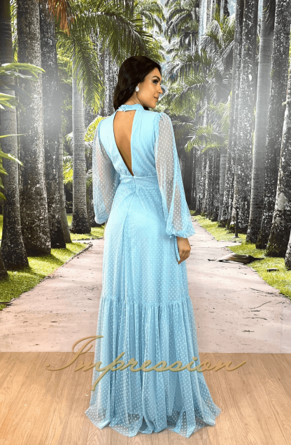 Vestido de Festa Longo com Manga Azul Serenity - Imagem 2