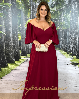 Vestido de Festa Longo Plus Size Marsala com Manga