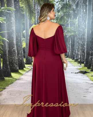 Vestido de Festa Longo Plus Size Marsala com Manga