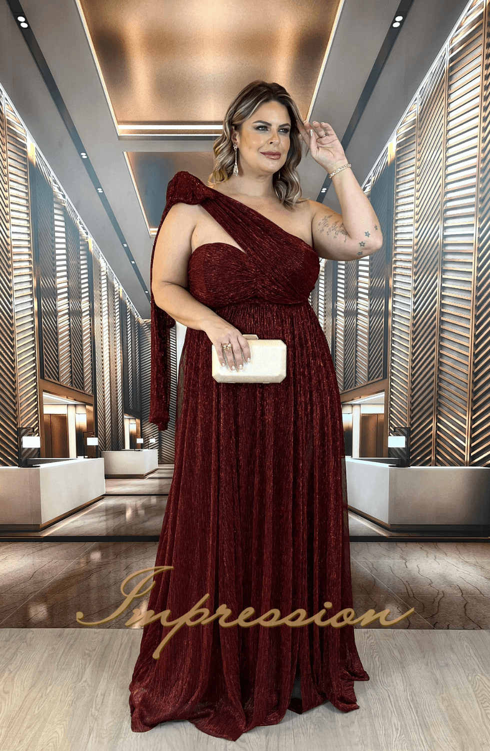 Vestido de Festa Longo Plus Size Marsala Impression Modas