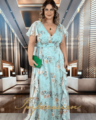 Vestido de Festa Longo Plus Size Verde Menta Estampado