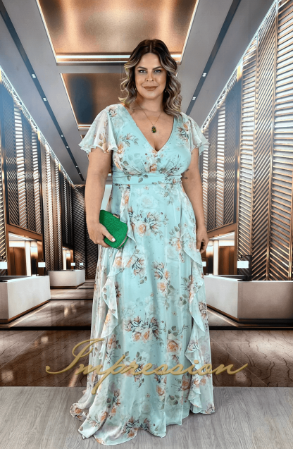Vestido de Festa Longo Plus Size Verde Menta Estampado