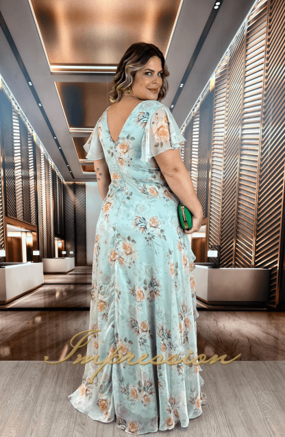 Vestido de Festa Longo Plus Size Verde Menta Estampado - Image 2