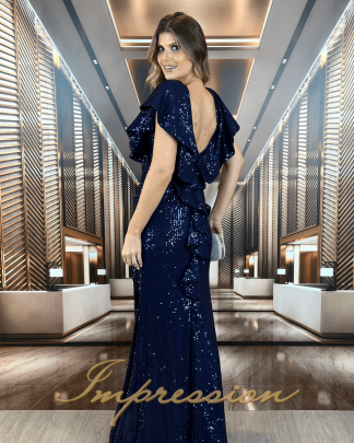 Vestido de Festa Longo Azul Marinho em Paetês