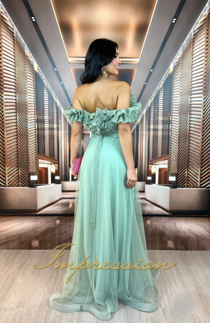 Vestido de Festa Longo Verde Oliva Babados - Imagem 2