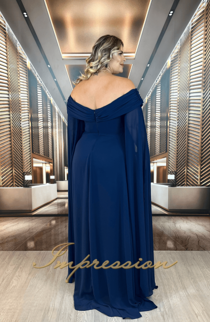 Vestido de Festa Longo Plus Size Azul Marinho com Capa Removível - Image 2