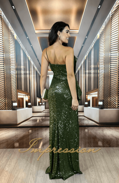Vestido de Festa Longo Verde Oliva Paetês - Image 2