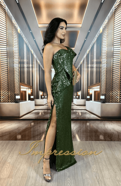 Vestido de Festa Longo Verde Oliva Paetês - Image 3