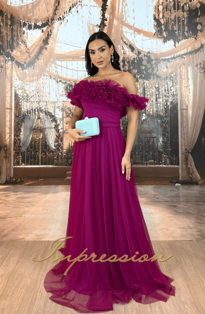 Vestido de Festa Longo Fucsia Babados