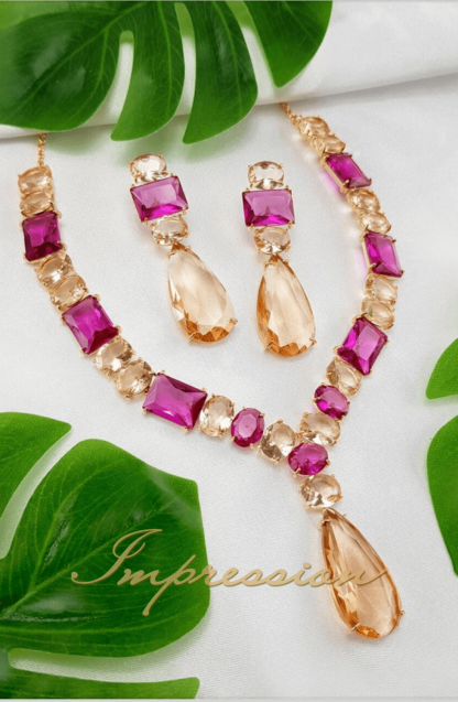Conjunto de Festa Pedras Rose e Fucsia